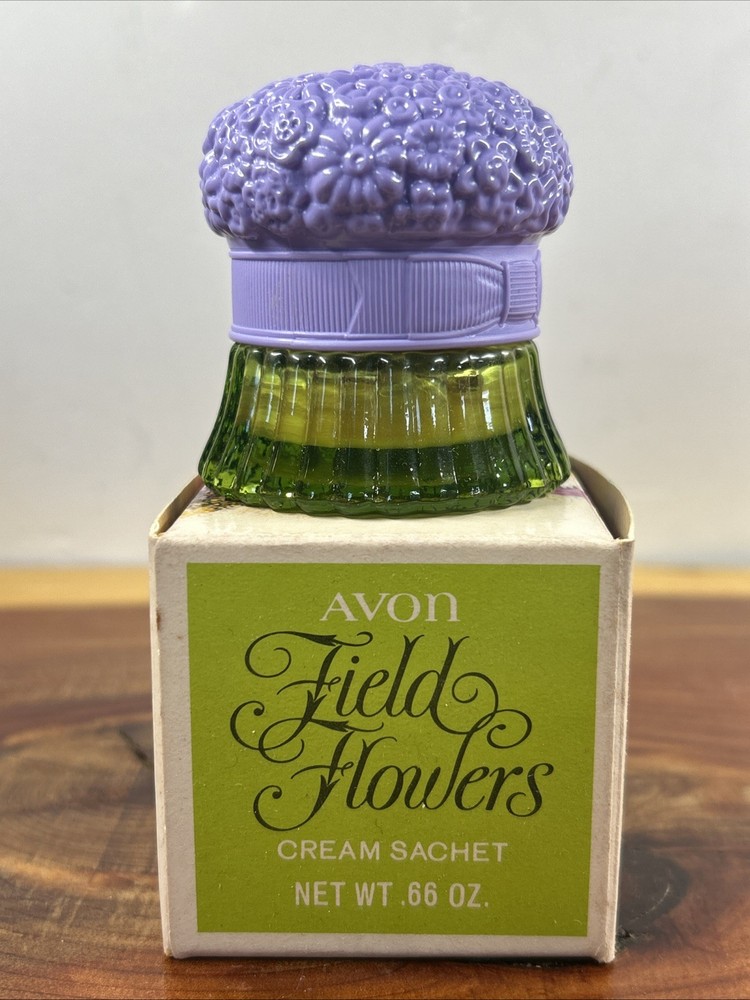 Vintage Avon Field Flowers Cream Sachet Decorative Jar Collectable 0.66 oz Boxed