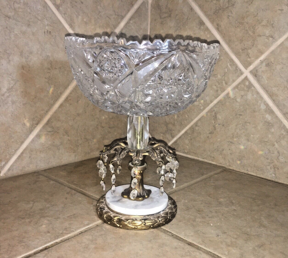 Hollywood Regency Marble Glass Pedestal Bowl with Brass Triple Prisms