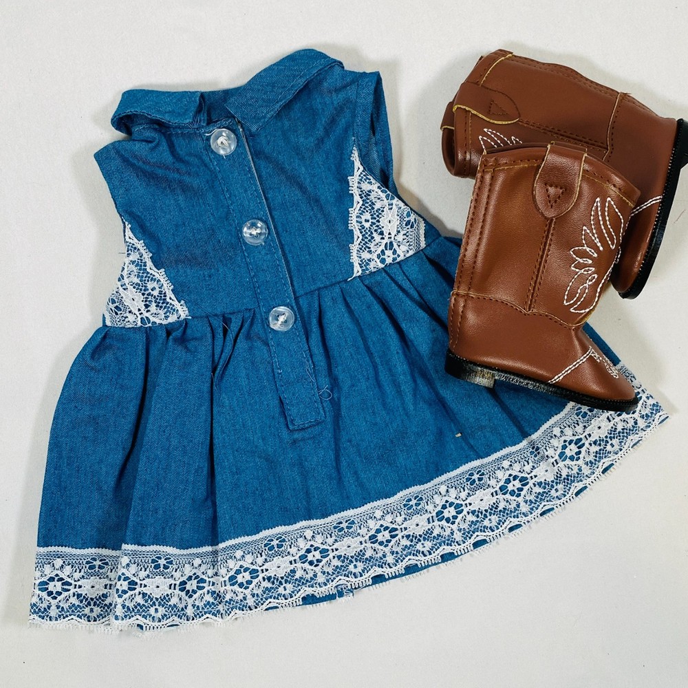Denim Lace Dress & Brown Cowgirl Boots Outfit - Set for 18