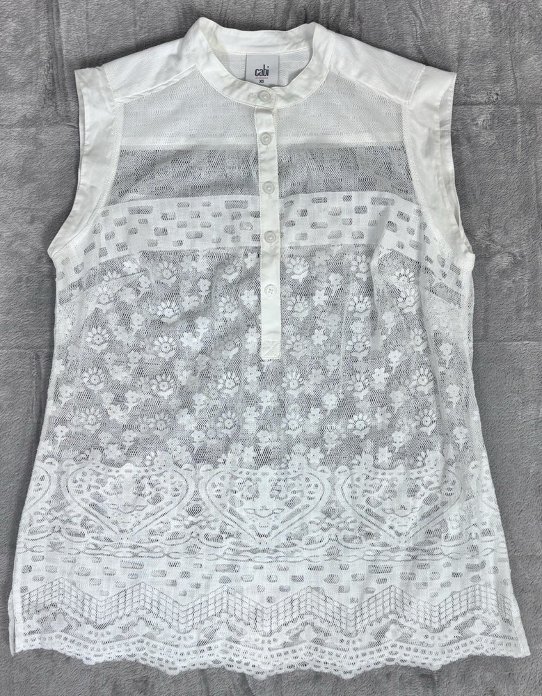 Cabi Prudence White Floral Lace Sleeveless Top XS Sheer Button Front