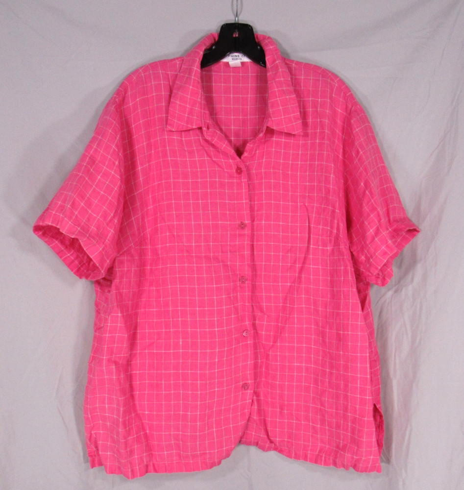 JOSEPHINE CHAUS WOMAN Pink w/White PLAID Button-Up LINEN Shirt/Top Sz 2/2X