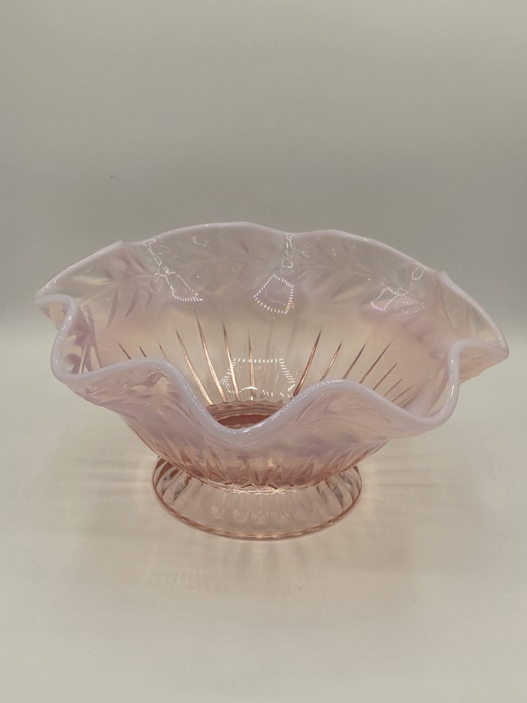 Fenton Glass PINK OPALESCENT Ruffled Open Compote Bowl Leaf Pattern 11