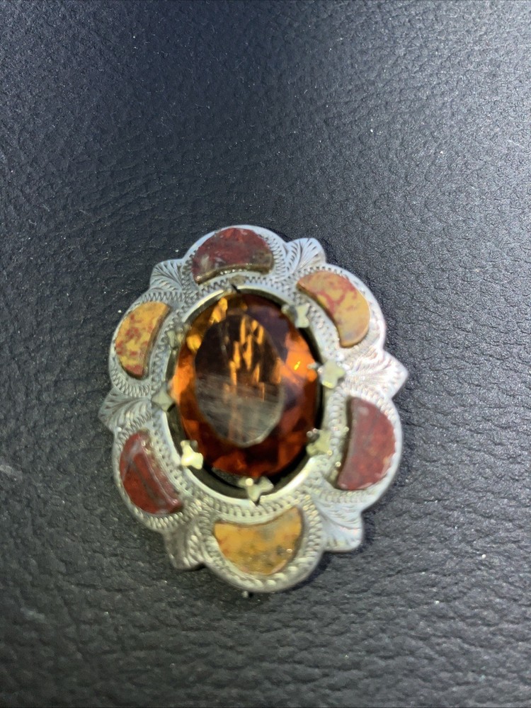 Antique Victorian 1900s Scottish Cairngorm Agate Silver Pin Brooch Kilt Scarf