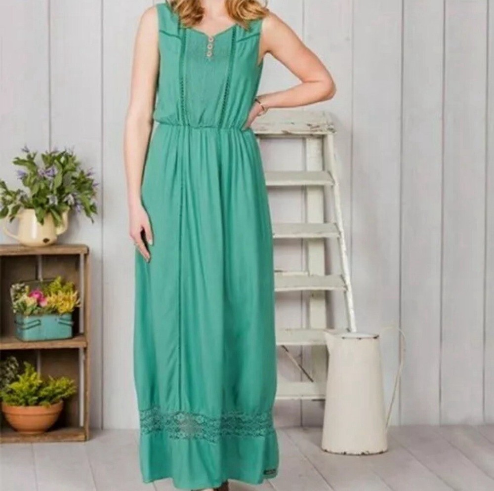 EUC Matilda Jane Down In The Valley Maxi Dress Women's Small Green Joanna Gaines