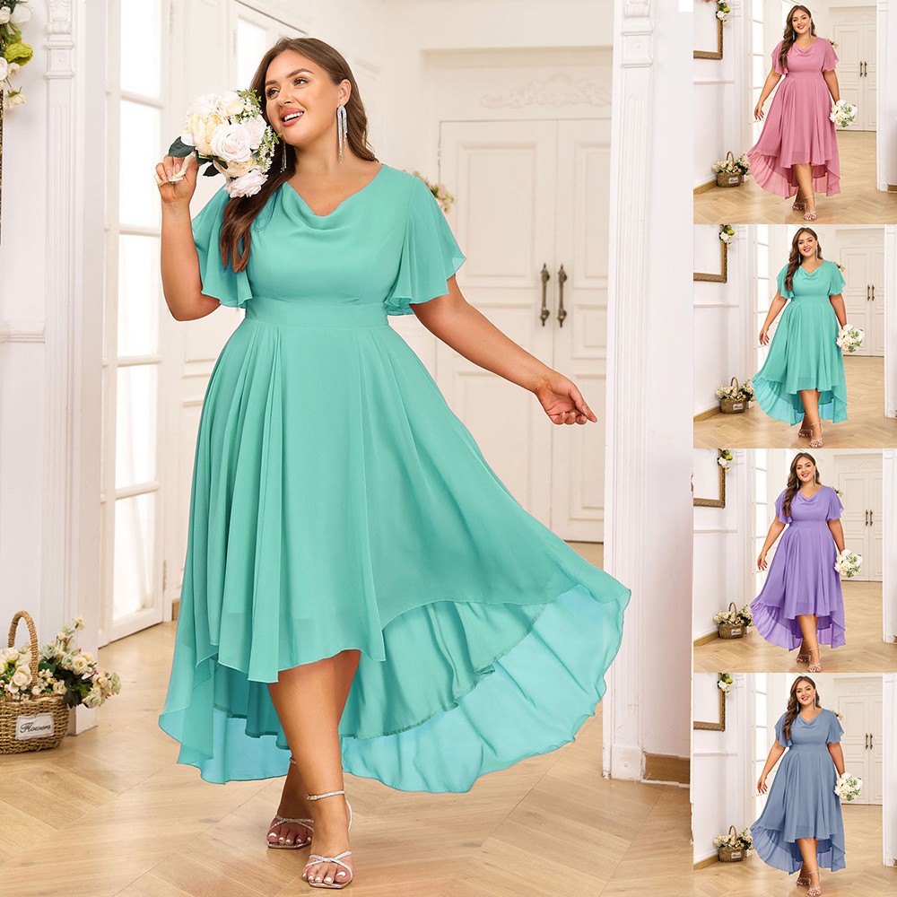 Plus Size Women Chiffon Short Sleeve Party Midi Dress Evening Party A-Line Dress