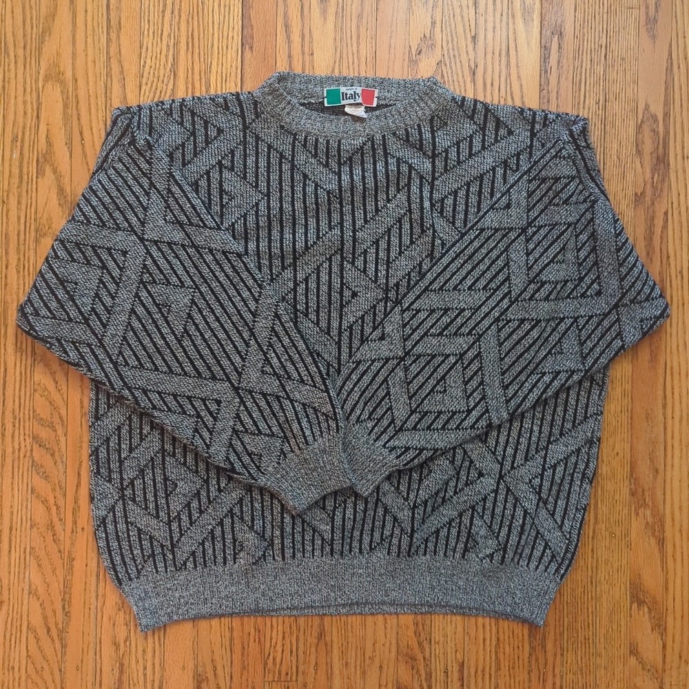 Vtg 90s Made in Italy Gray Geometric Striped Pullover Sweater Wool Blend Size L