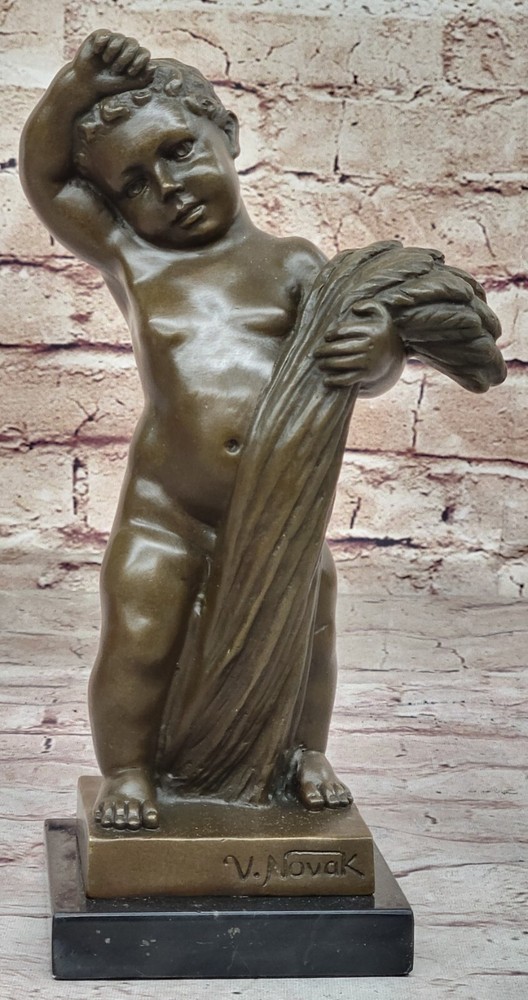 Solid Bronze Young Boy Figurine Sculpture Marble Base Handmade Lost Wax Method
