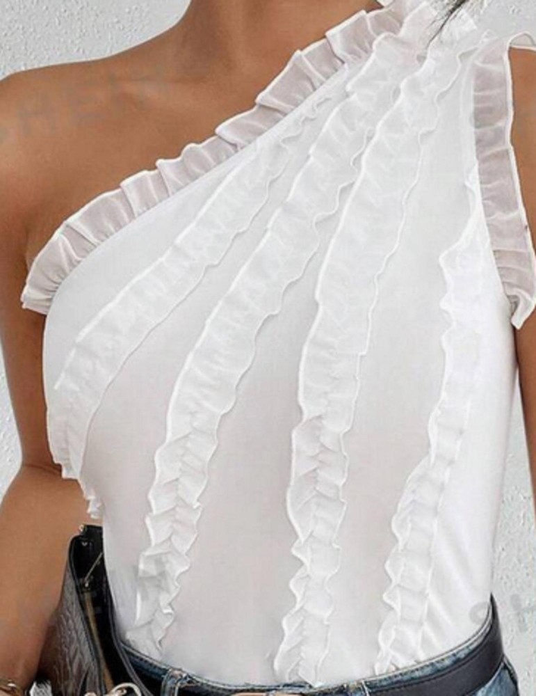 Top SHEIN Privé Color Sólido Un Hombro Calce Ajustado - Blanco - XLarge