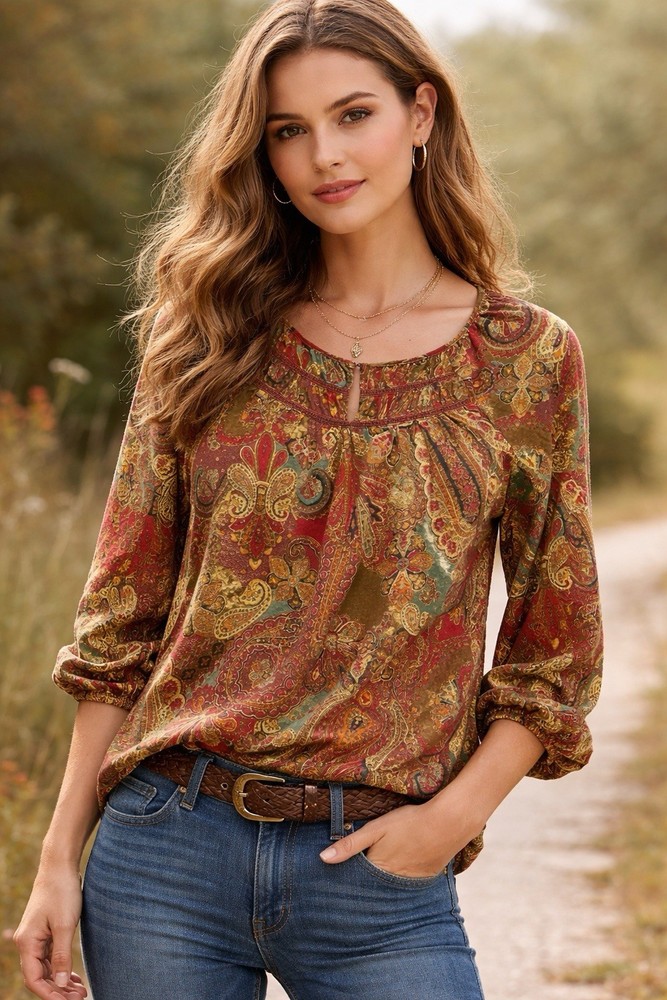 Lauren Ralph Lauren PM Paisley Blouse Boho 3/4 Sleeve