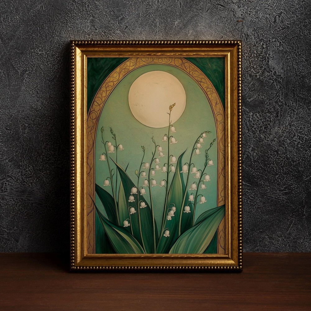 Lily of the Valley Moon Poster Art Nouveau Botanical Wall Art
