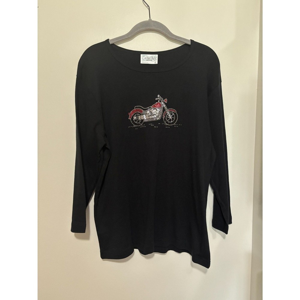 Cactus Bay Motorcycle Rhinestone Top Black Biker Graphic Tee XL USA Y2K Western