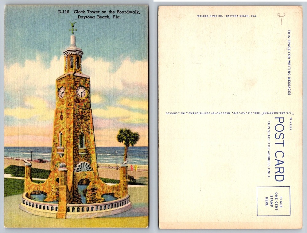 Vintage Clock Tower Boardwalk Daytona Beach FL Linen Postcard Curt Teich