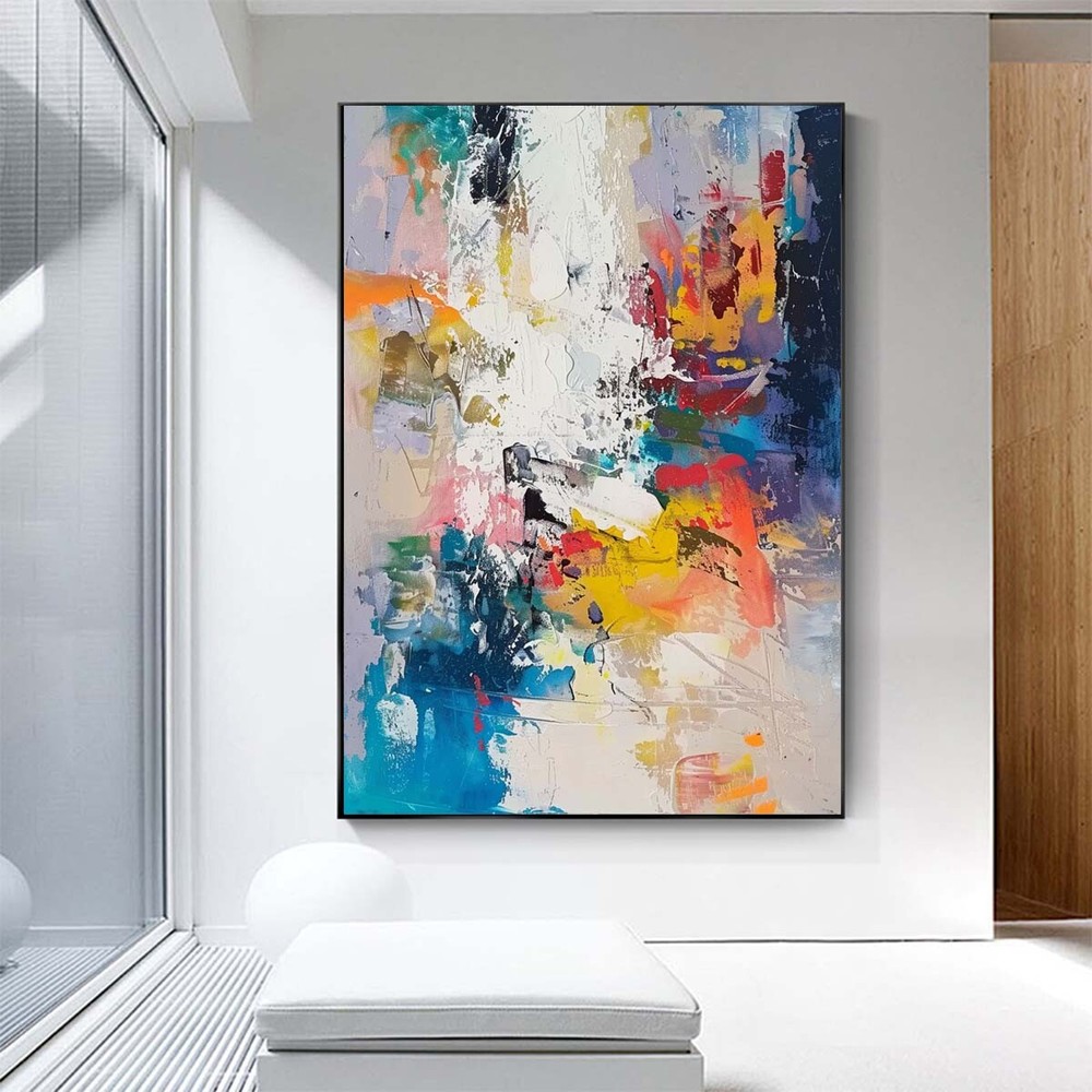 Pintura al óleo abstracta pintada a mano pura sobre lienzo azul amarillo hogar decoración de pared arte