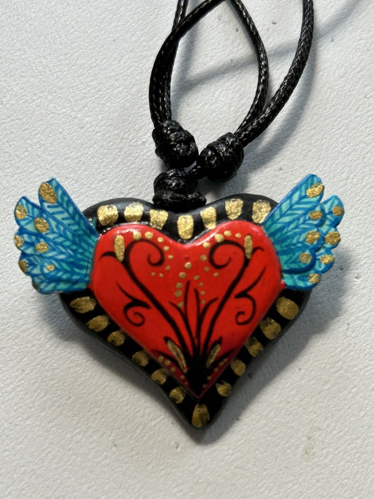 Hand Painted “Heartthrob” Pendant Necklace Edith Orozco Signed Adjustable Cord