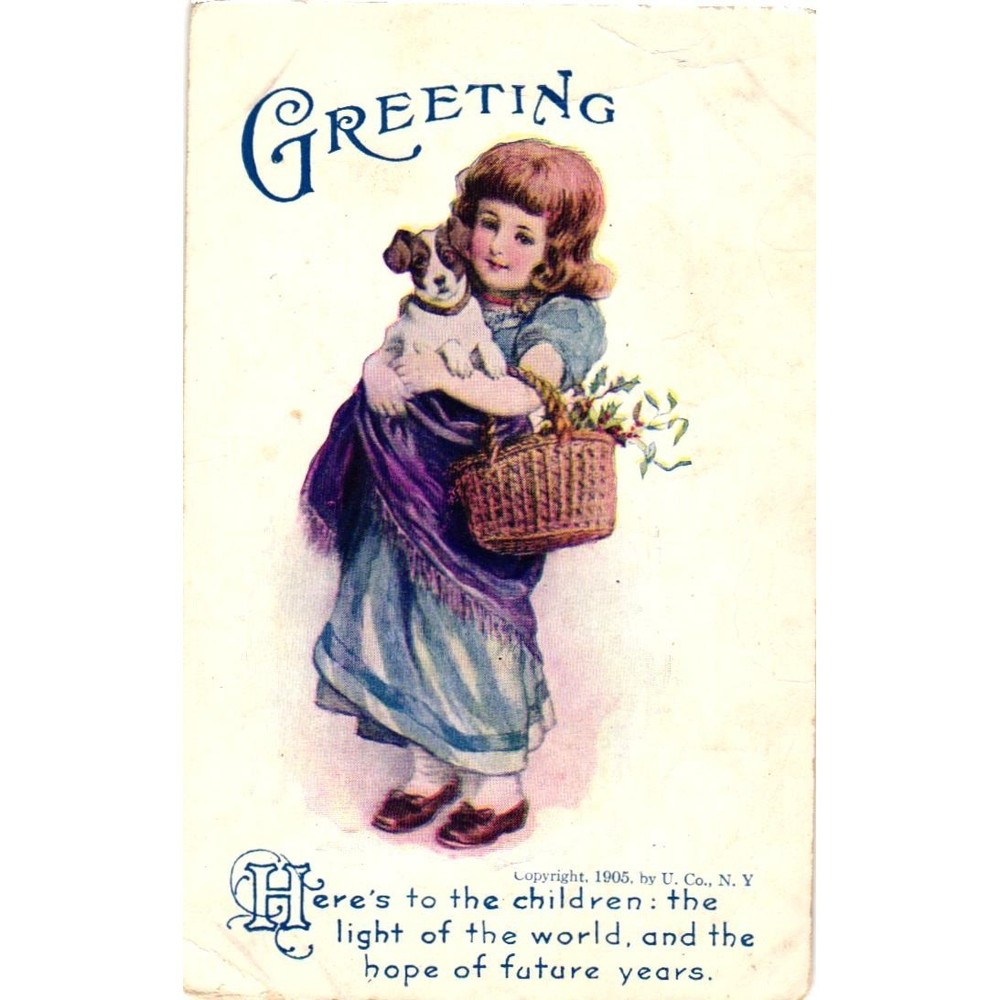 Antique 1905 Greeting Postcard Girl Puppy Dog Basket U. Co. NY Undivided Back