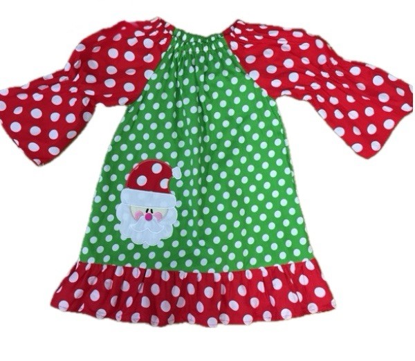 Girl’s 7/8 Red Green Polka Dot Ruffle Christmas Dress Santa Appliqué Holiday