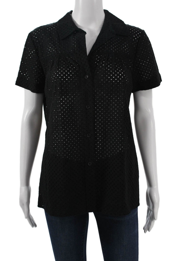 Theory Women Black Polka Dot Collared Button-Up Short Sleeve Cotton Size MFree Shipping in US $100+ Orders | $6.95 Orders Below