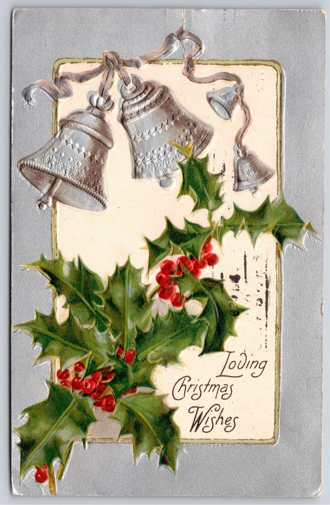 Christmas~Silver Bells & Holly Branches~Vintage Postcard