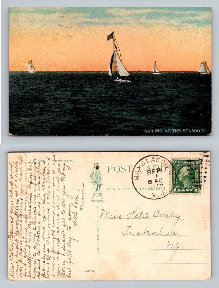 Massland, NJ-New Jersey, Sailing at the Seashore Boats Vintage c1916 Postcard