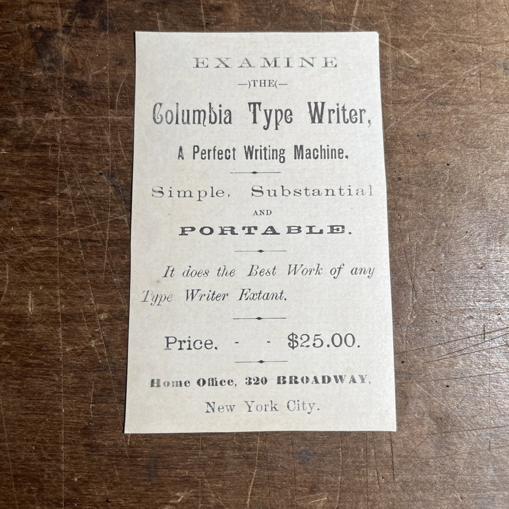 Antique Victorian Trading Card Columbia Type Writer Portable - New York - B1