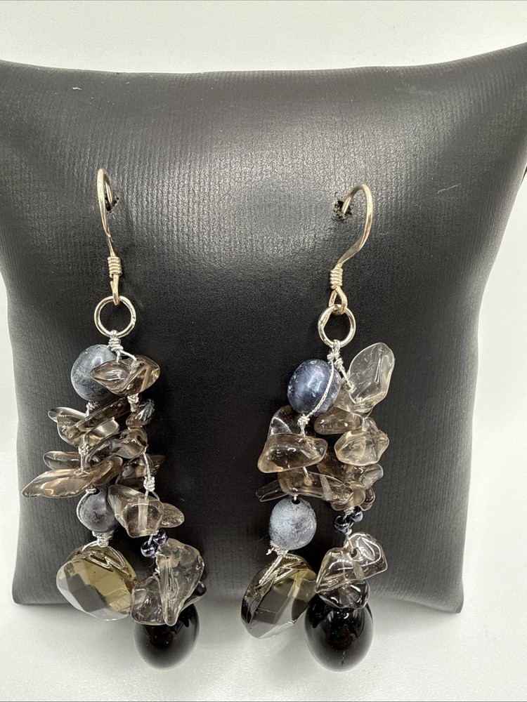 Vtg Pretty 925 Sterling Silver Smoky Quartz & Agate Bead Dangle Drop Earrings.