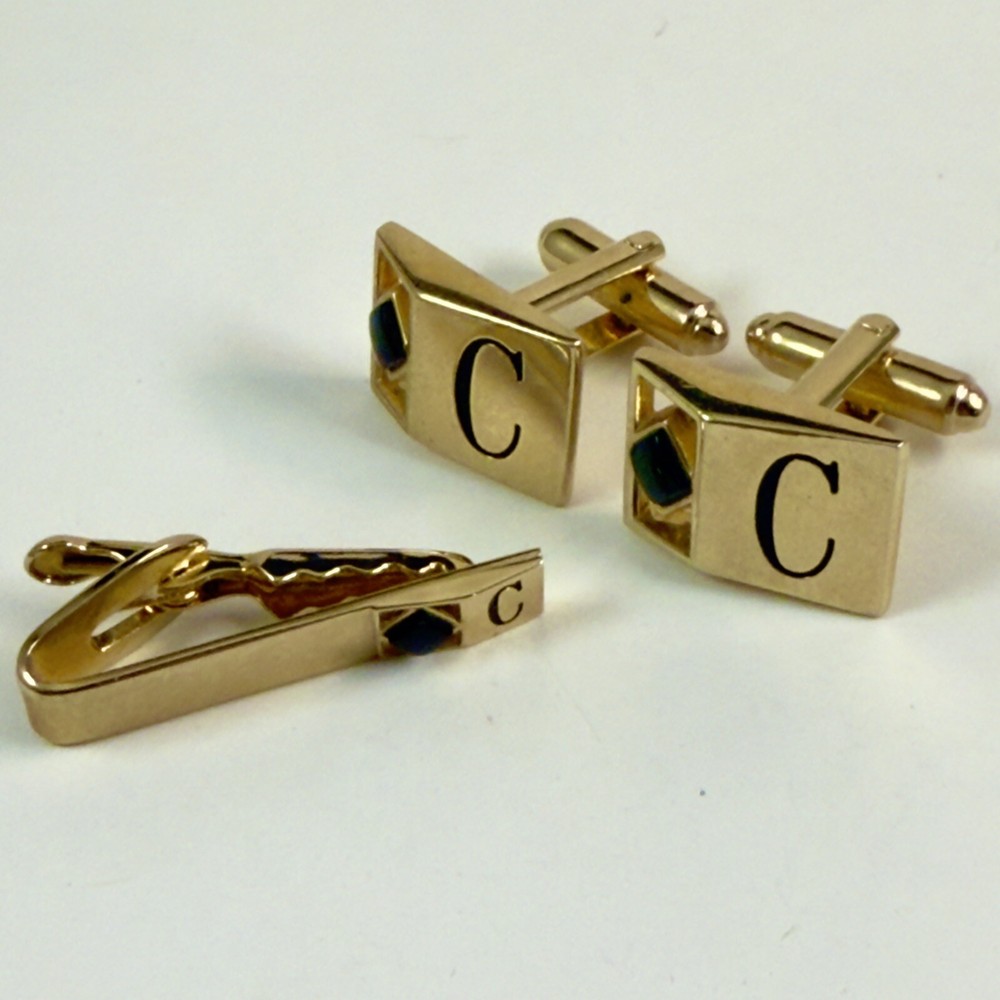 Vintage SWANK Signed Onyx Initial C Gold Tone Cufflinks & Tie Bar Clip Set