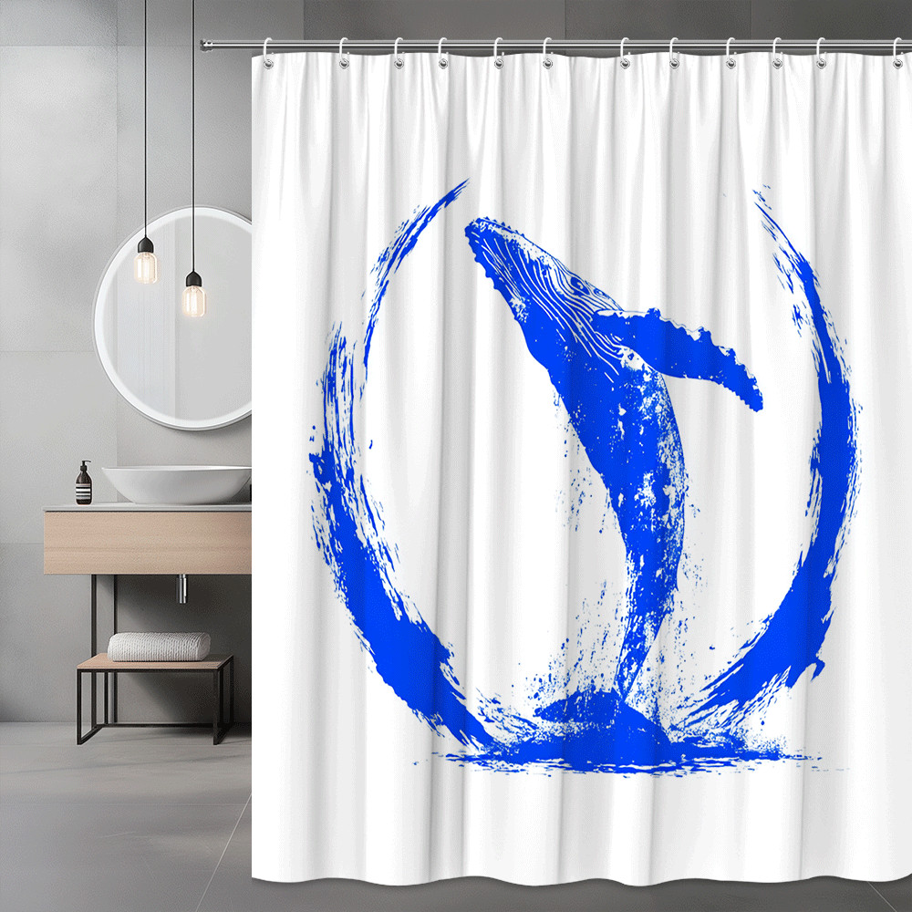Blue Whale Splash Art Shower Curtain, Ocean Animal Print
