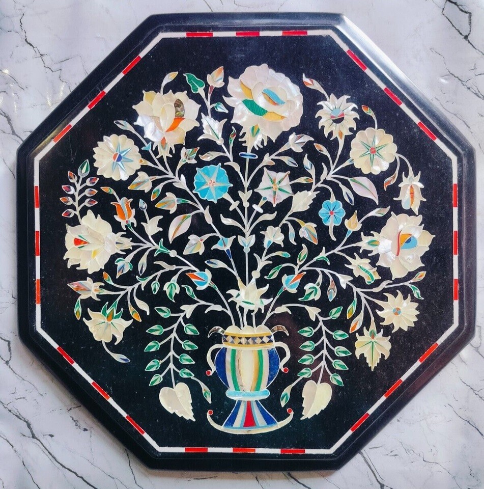 12 Inch Black Marble Coffee Table with Semi-Precious Floral Inlay Design