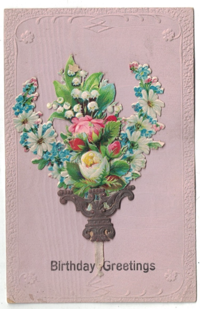 ANTIQUE 1910 LOVELY VICTORIAN BIRTHDAY GREETINGS PULL RIBBON FLOWERS POP UP PC