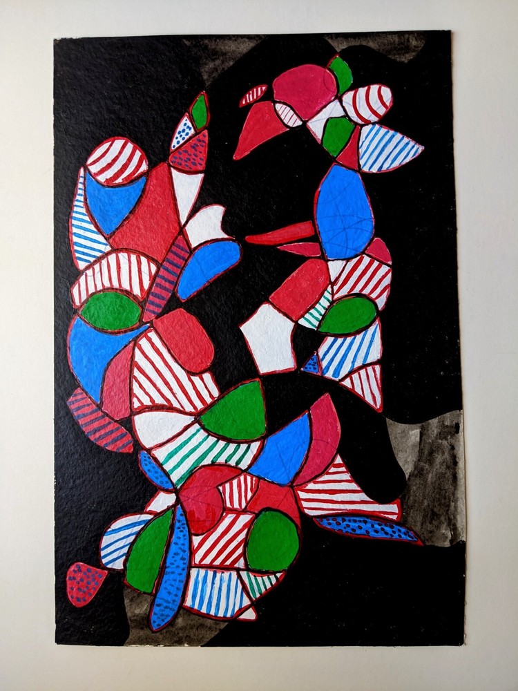 Abstract Art Original Acrylic Blue Black Red Green on  19 x 12.5 Paper Unframed-image