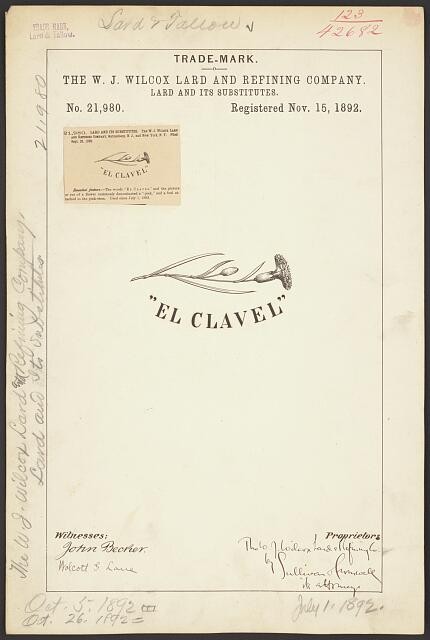 Photo:1892 W J Wilcox Lard Refining Co El Clavel Trademark Registration
