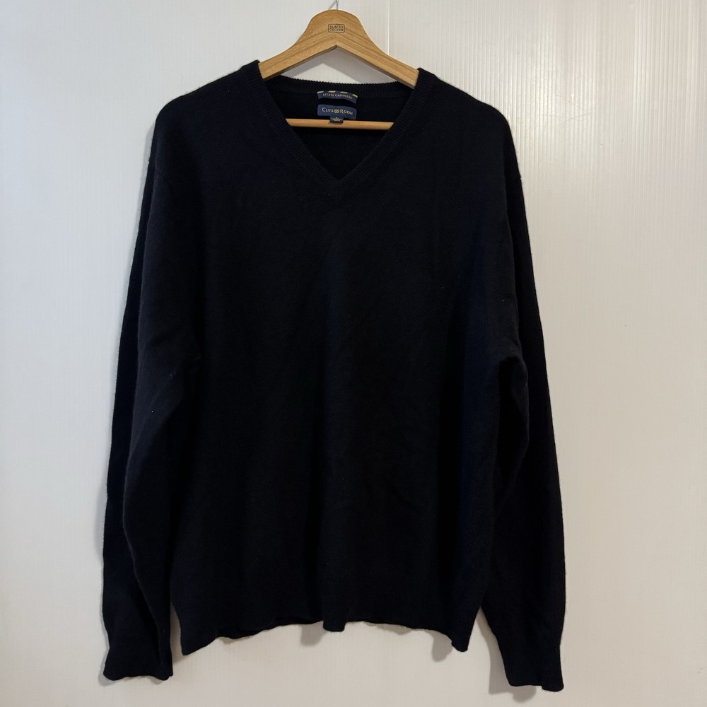 Club Room 100% Cashmere Sweater Men's Sz L Black V Neck Long Sleeve Pullover