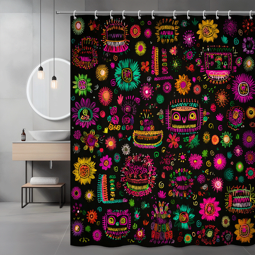 Neon Floral Graphic Shower Curtain Black Boho Abstract Print