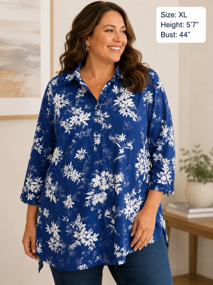 Woman Within Women’s Medium Blue White Floral Button Tunic Blouse Cotton Top