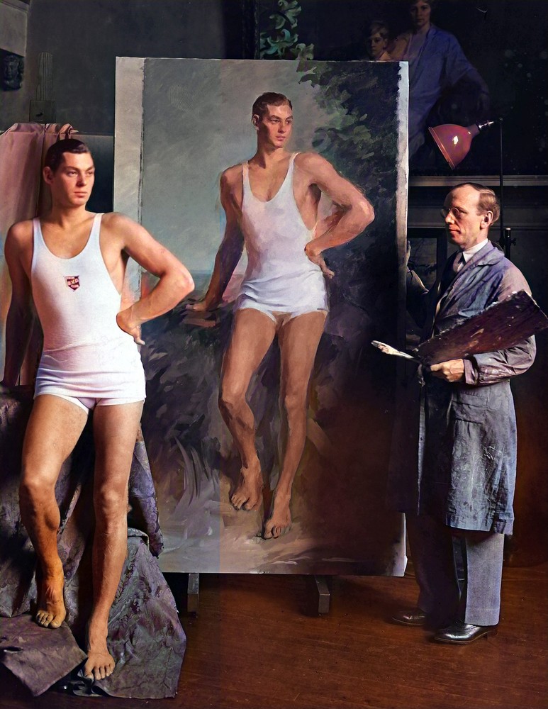 1924 Johnny Weissmuller Posing for Portrait Old Photo 8.5 x 11 Reprint Colorized