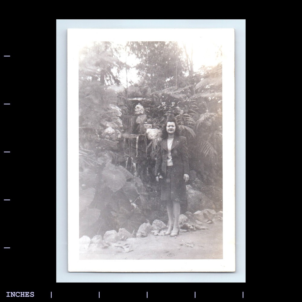 Vintage Photo WOMAN STANDING BY WATERFALL
