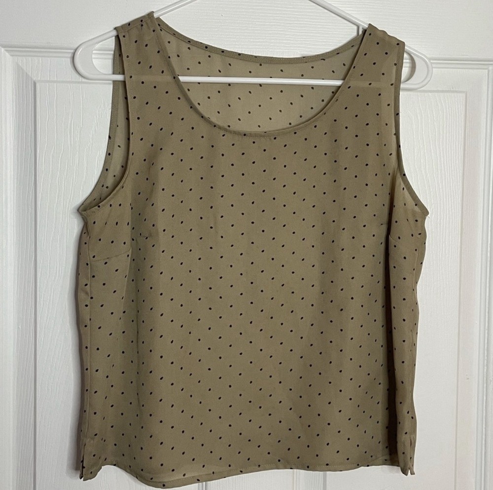 Vintage Beige Polka Dot Chiffon Sleeveless Blouse, Lightweight, Round Neck