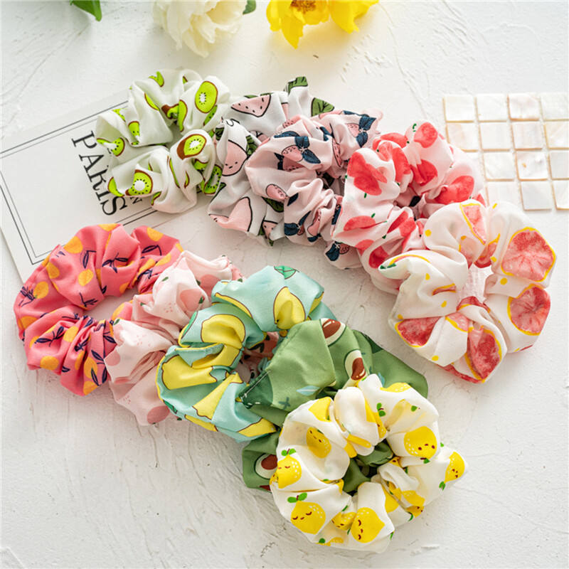 Lemon Grape Pear Peach Fruit Print Scrunchies Sweet Hair Rubber Bands