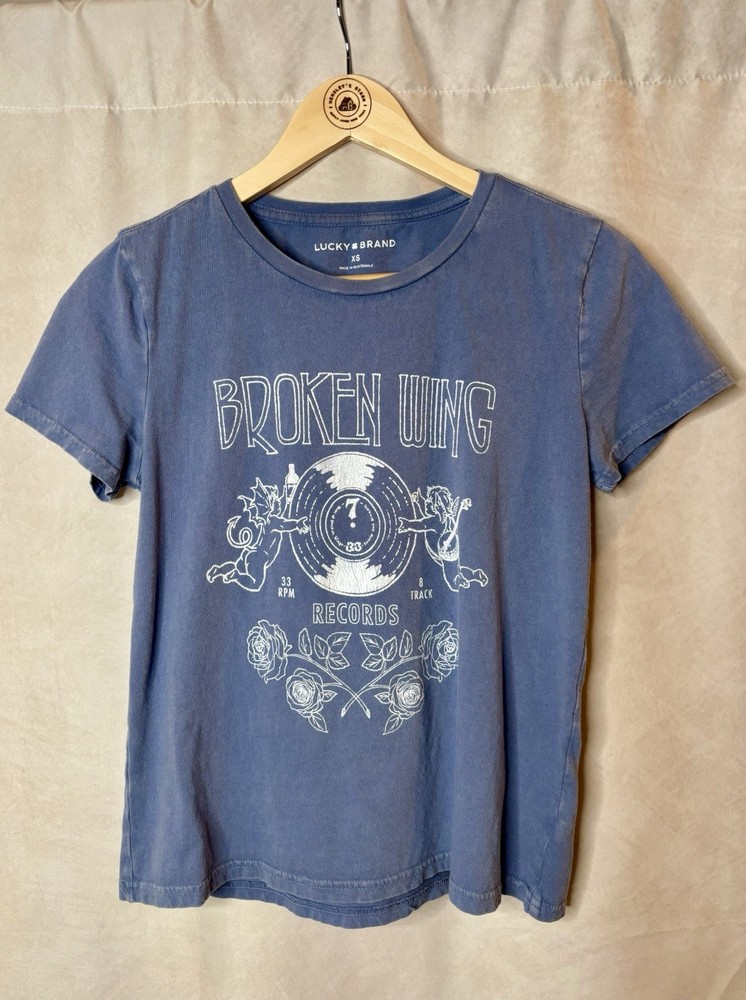 Lucky Brand Broken Wing Graphic T-Shirt XS Blue Vintage Wash Cotton