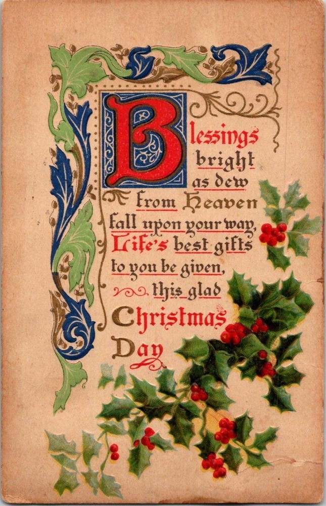 Antique Christmas Postcard 1913 Illuminated Holly Berries 