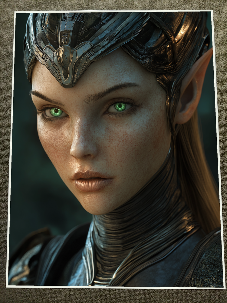 Green-Eyed Elf Warrior Portrait Detailed Sci-Fi Armor Poster 18x24in
