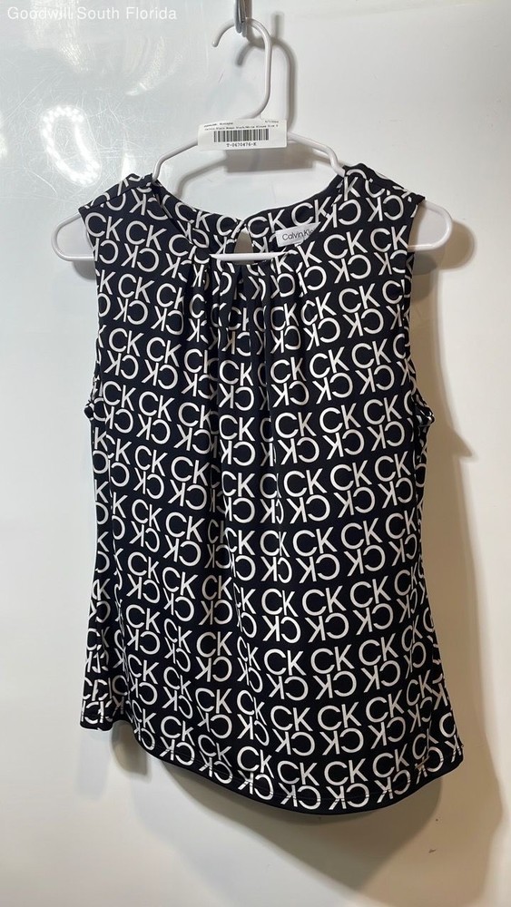 Calvin Klein Womens Black White Signature Print Sleeveless Blouse Top Size S