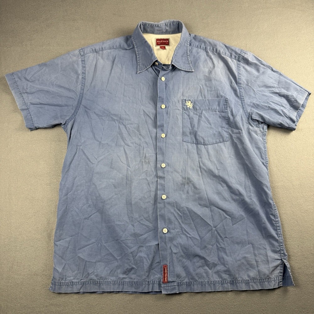 Vintage Tommy Hilfiger Red Label Denim Shirt Blue Short Sleeve Button Up Large