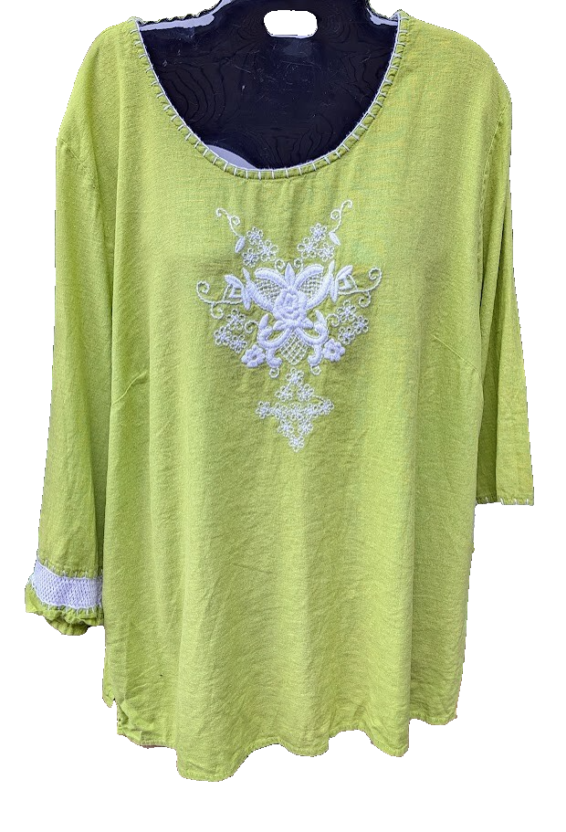 St Tropez West Women Linen Blend Top 2X Embroidered Lime Green Flowy Boho Bright