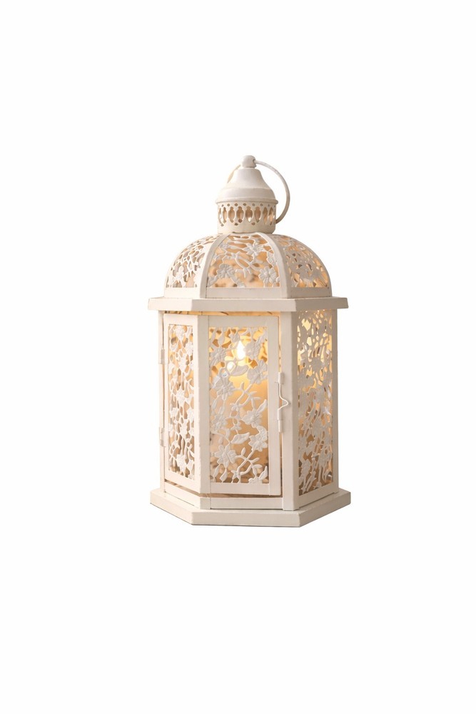 White Metal Decorative Lantern Floral Cutout Farmhouse Candle Holder 13.4