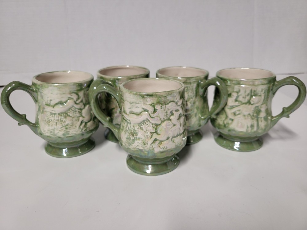 Set 5 Vintage Majolica Pottery Embossed Glazed Tam O' Shanter Coffee Tea Mugs
