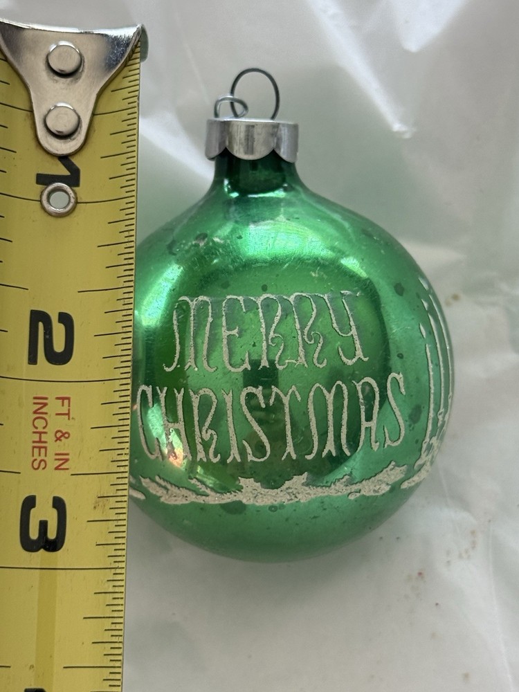 Vintage Shiny Brite Green Mica Merry Christmas Candles Stenciled Ornament