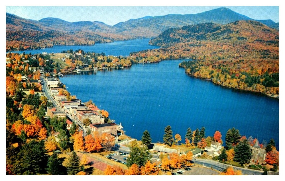 1950s Aerial View Mirror Lake & Lake Placid Club New York Vintage Postcard