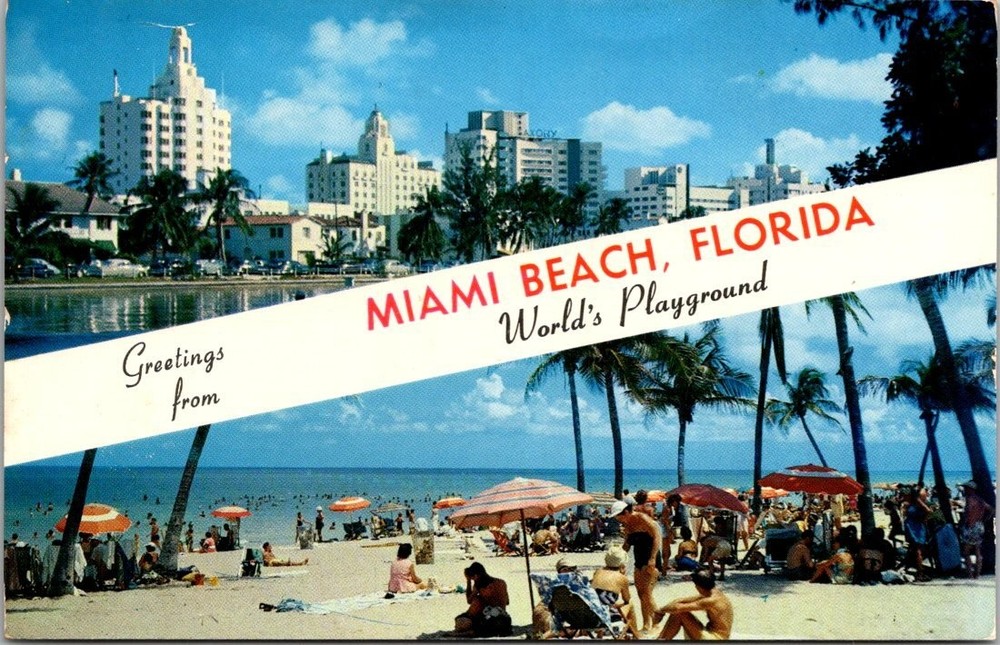 Vintage Miami Beach Florida Postcard - World's Playground Skyline & Beach