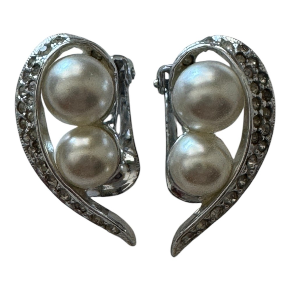 Vintage Faux Pearl Rhinestone Silver Tone Earrings Clip On Signed Richelieu